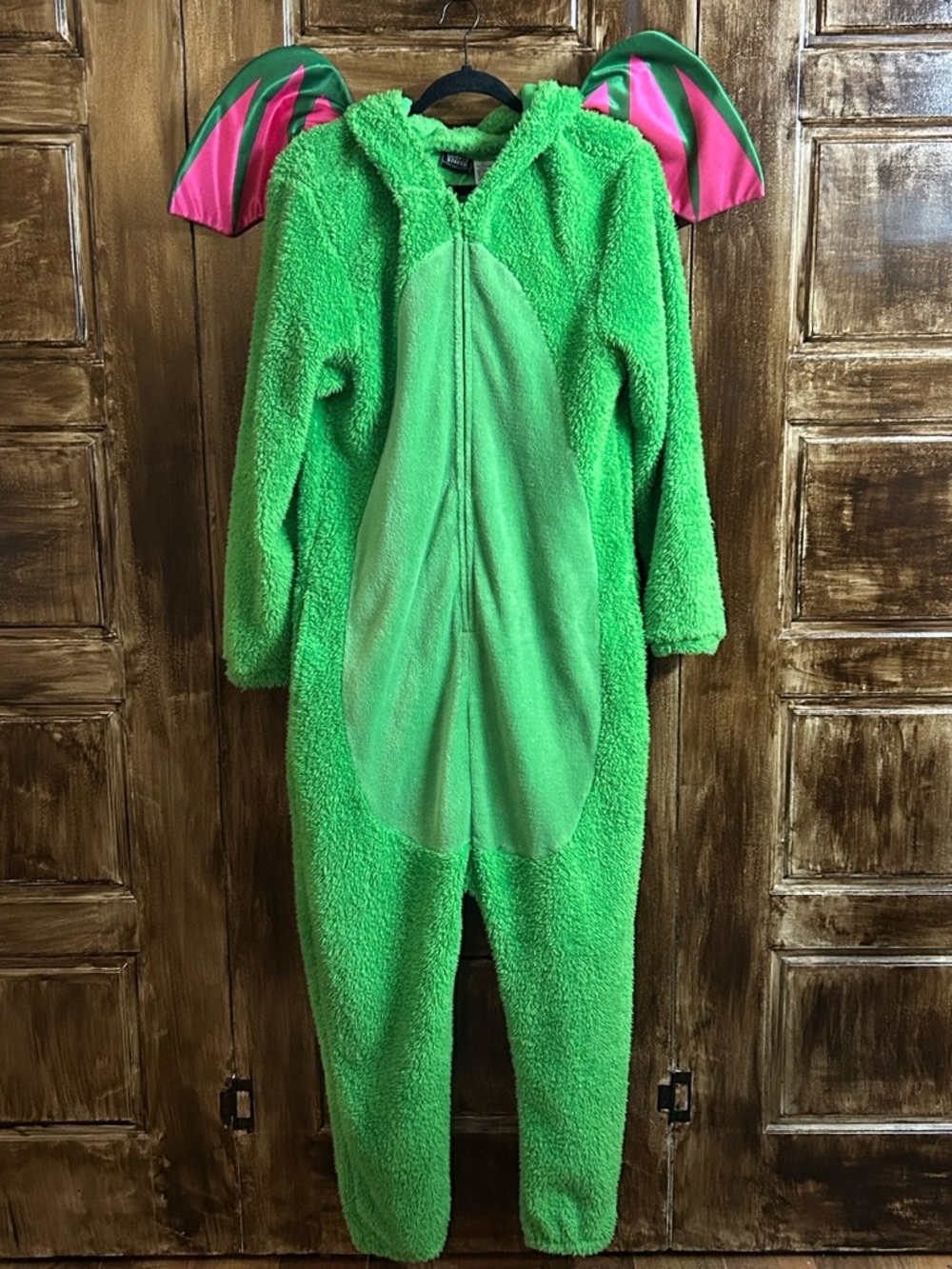 Plush Green Hooded Footie Onesie with Pink Wing Detail